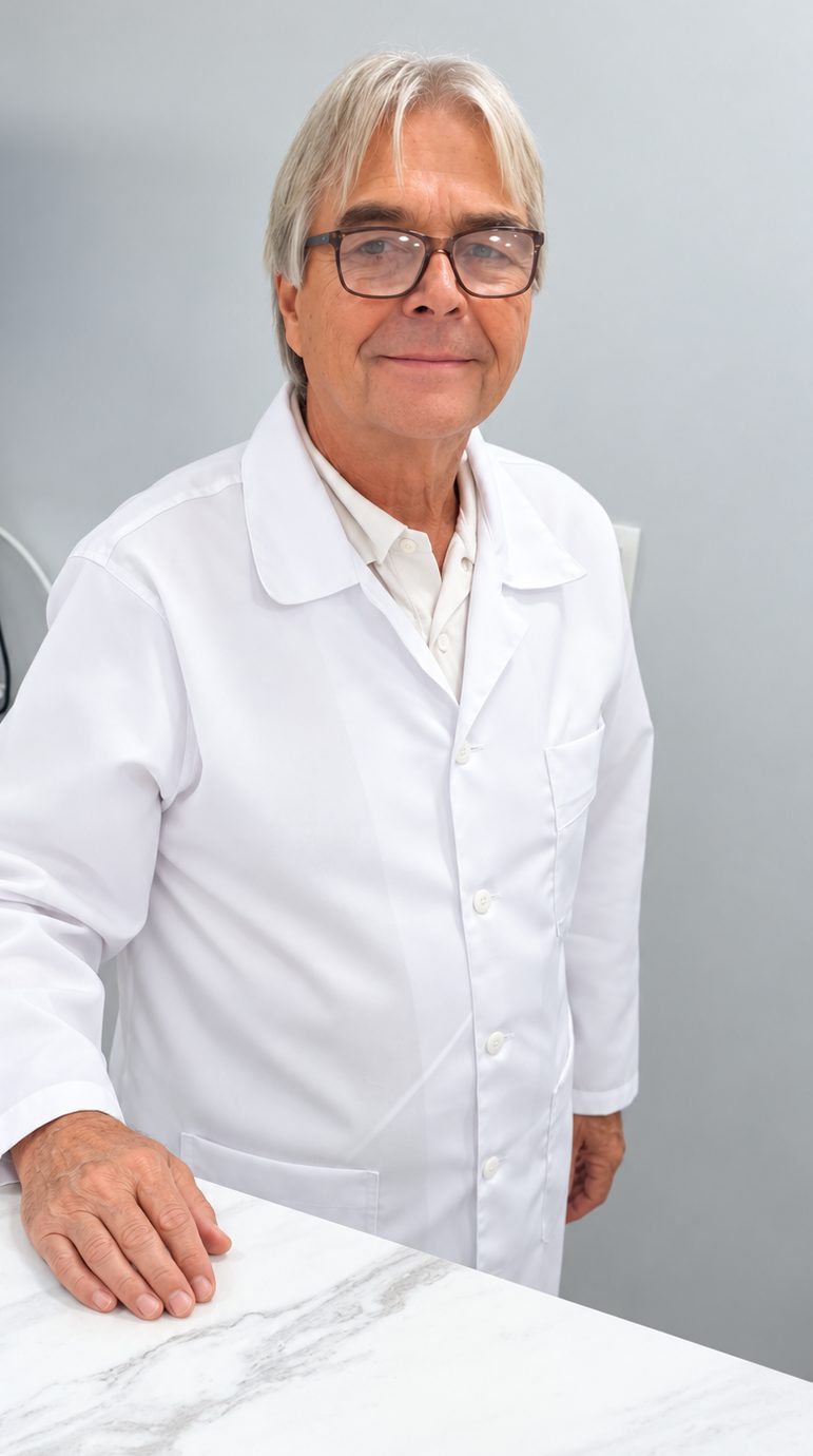 Dr. Robert von Haehling Lima, de jaleco branco, na clínica